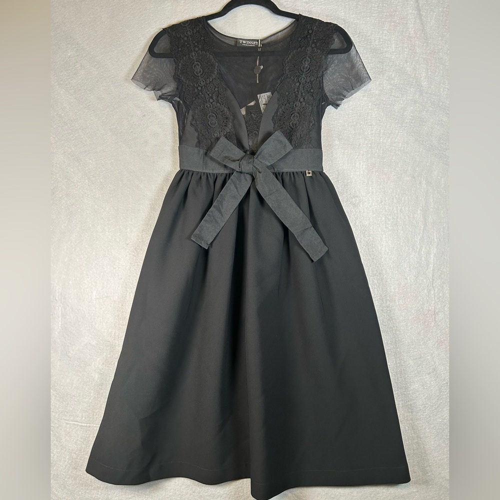 TWIN-SET NWT Scoop Neck Knee-Length Black Party Dress with Bow Lace Sz 6/Small